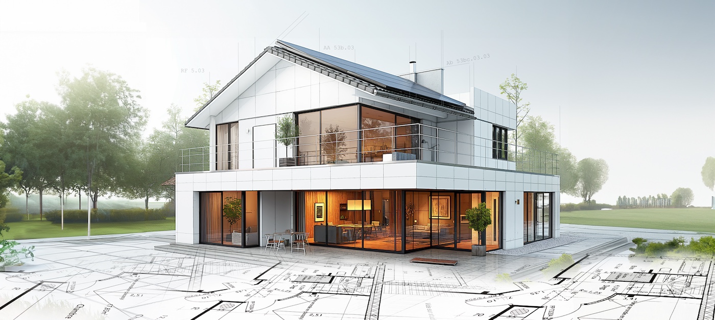 Projet de construction d'une maison moderne d'architecte sous forme d'esquisse avec plan